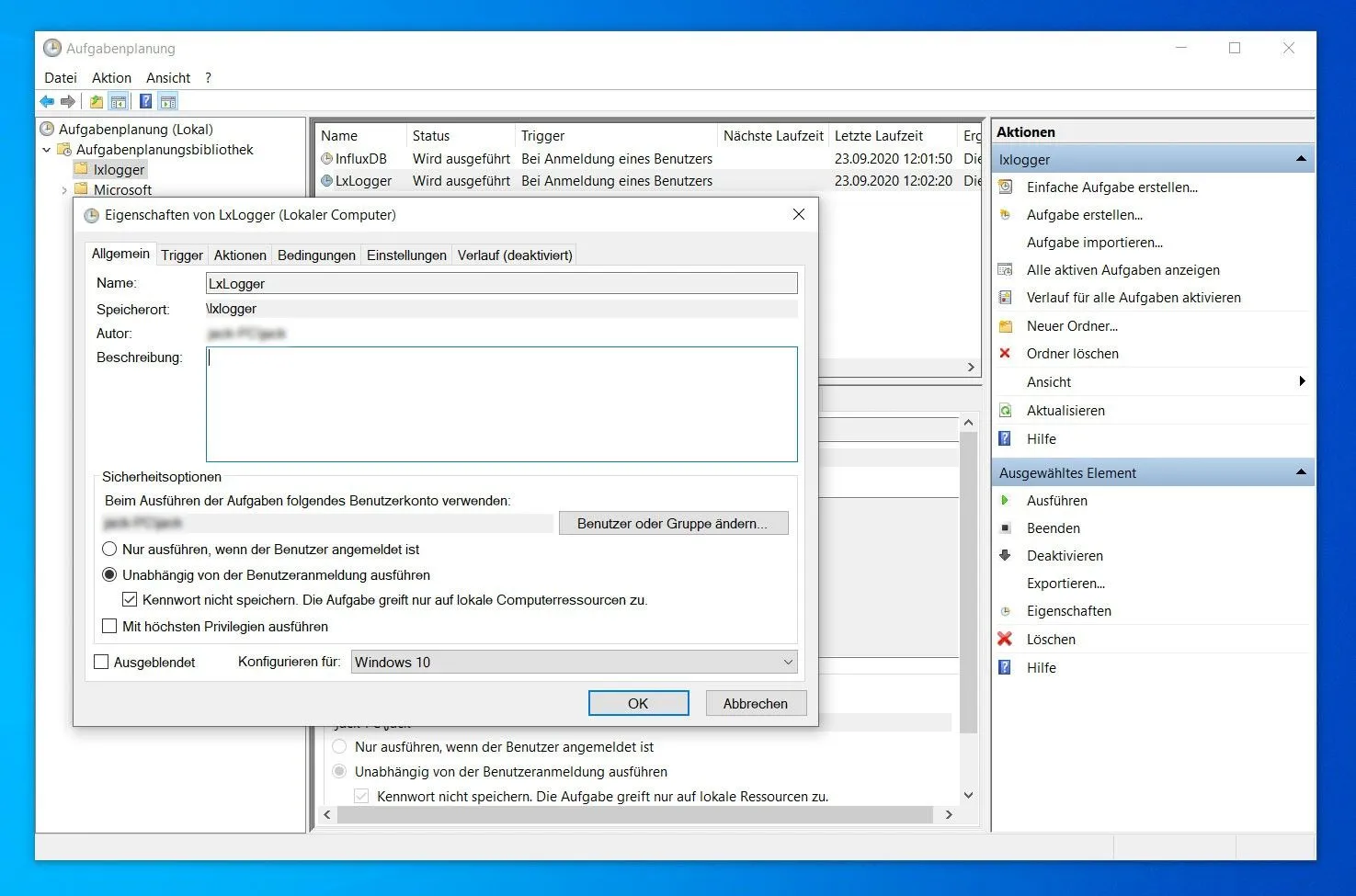 Allgemeine Einstellungen für die LxLogger-Aufgabe