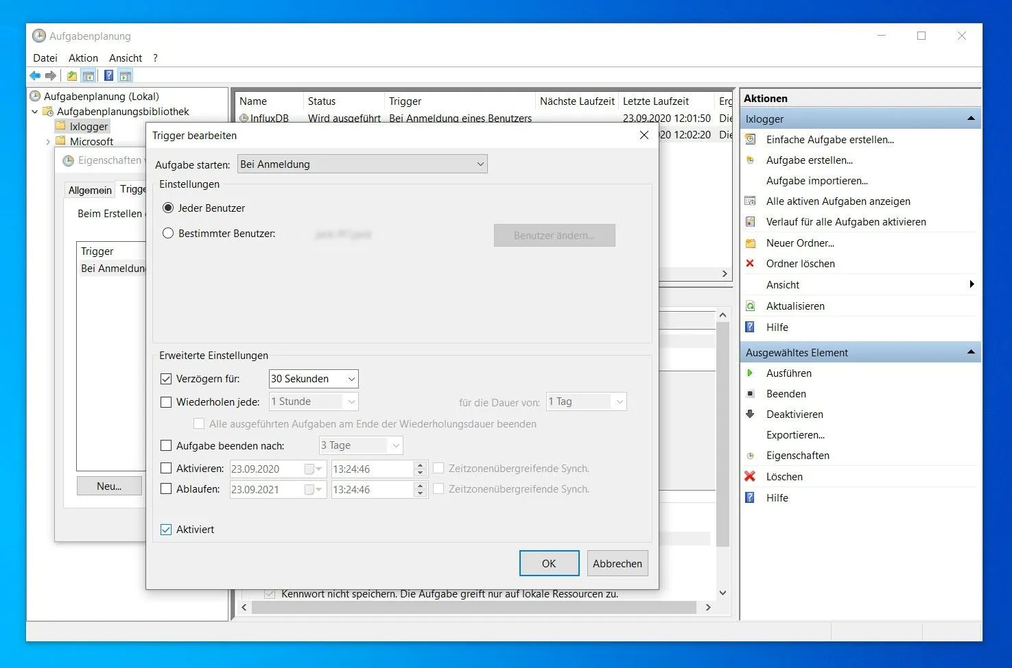 Trigger-Einstellungen für die LxLogger-Aufgabe