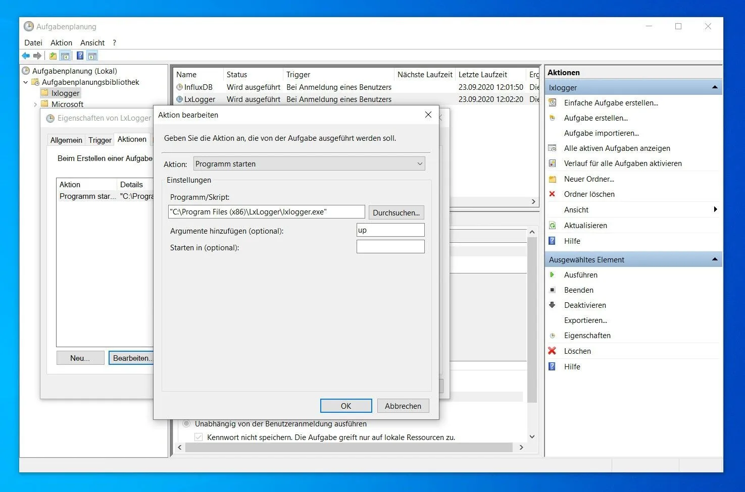 Aktion für die LxLogger-Aufgabe