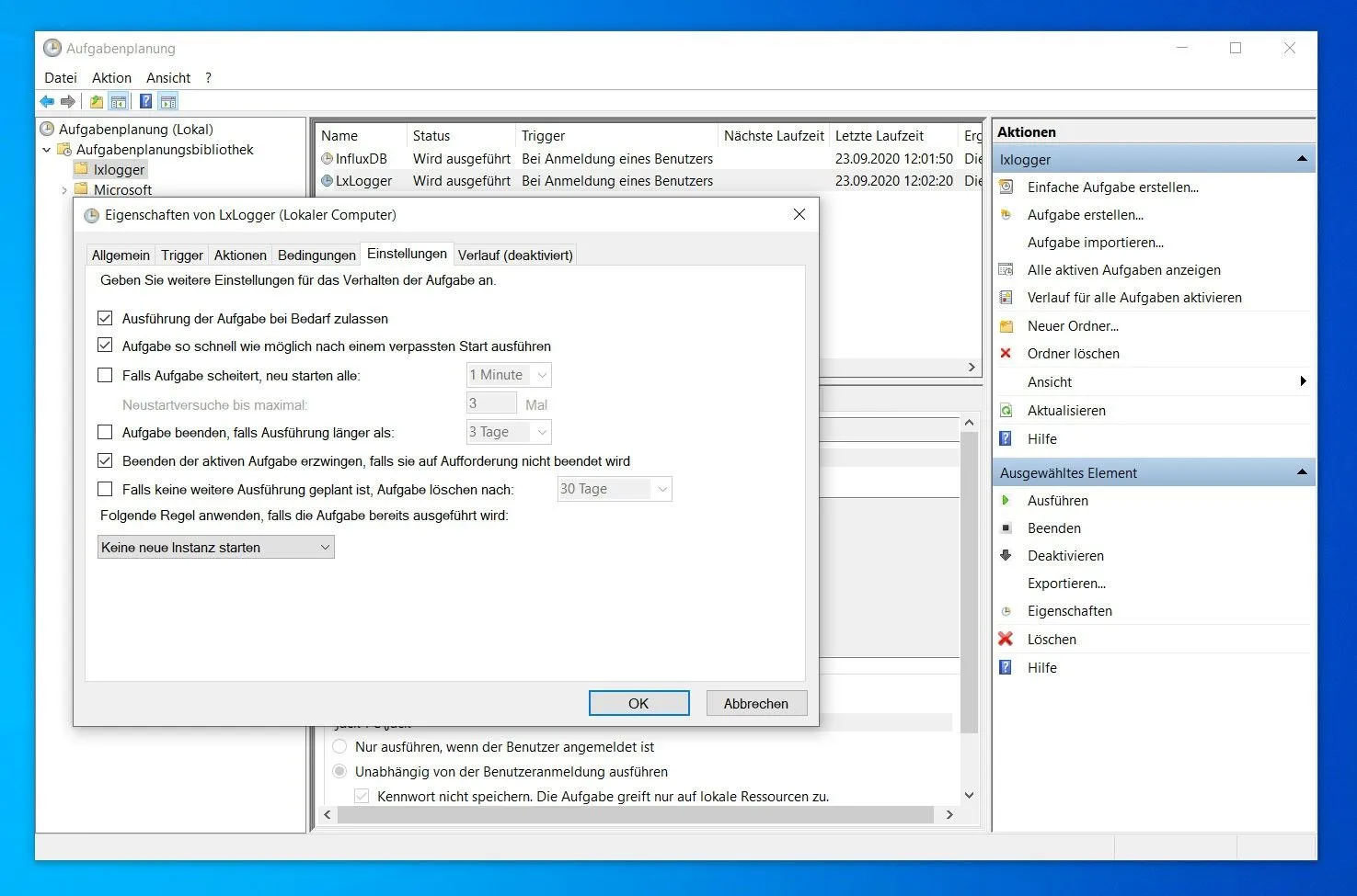 Einstellungen für die LxLogger-Aufgabe