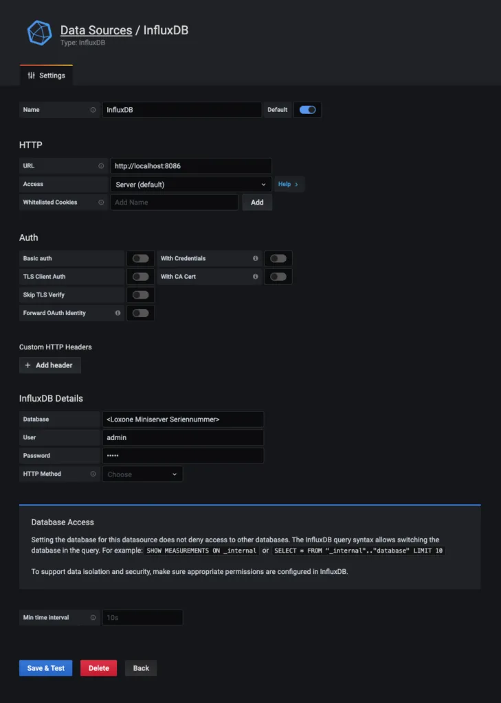 Speichern der InfluxDB Datenquelle