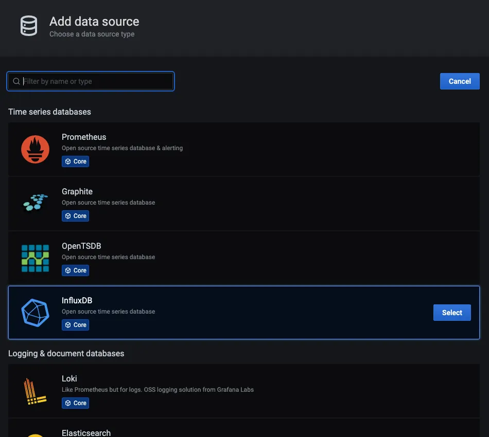 Auswahl der InfluxDB Datenquelle